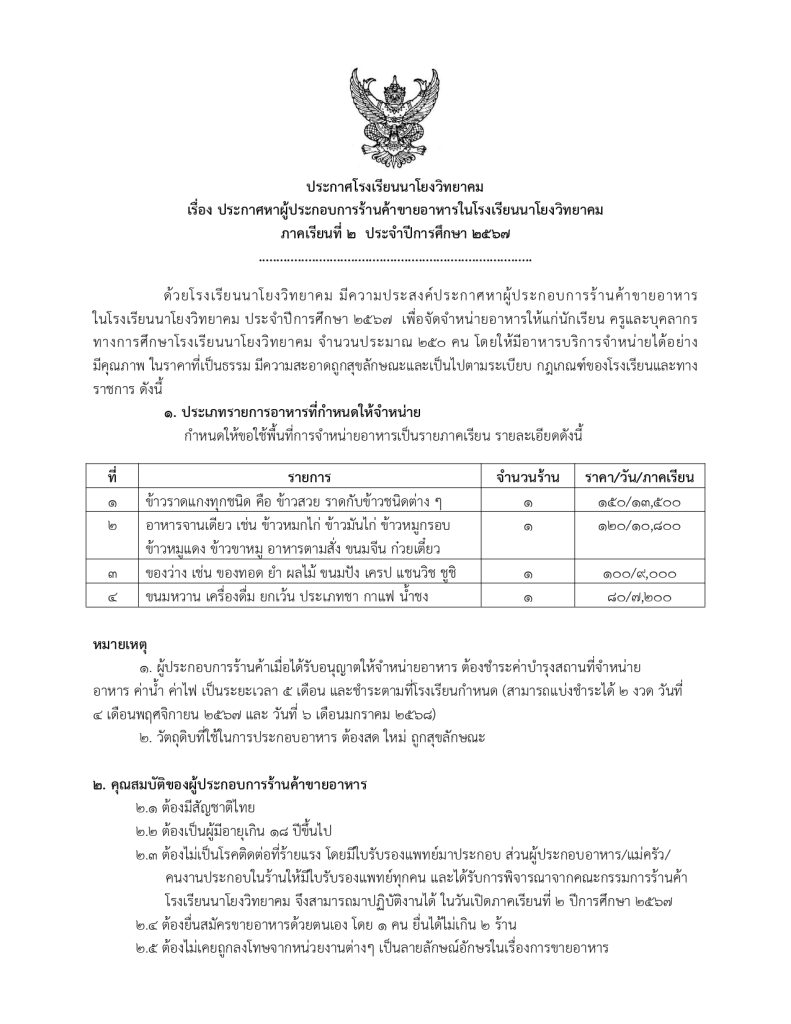 ประกาศหาผู้ประกอบการร้านค้าขายอาหารในโรงเรียนนาโยงวิทยาคม